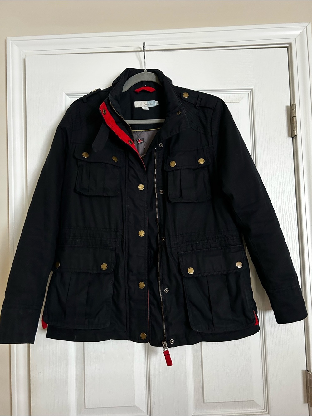 Boden Navy Waxed Canvas Utility Jacket with Red Trim